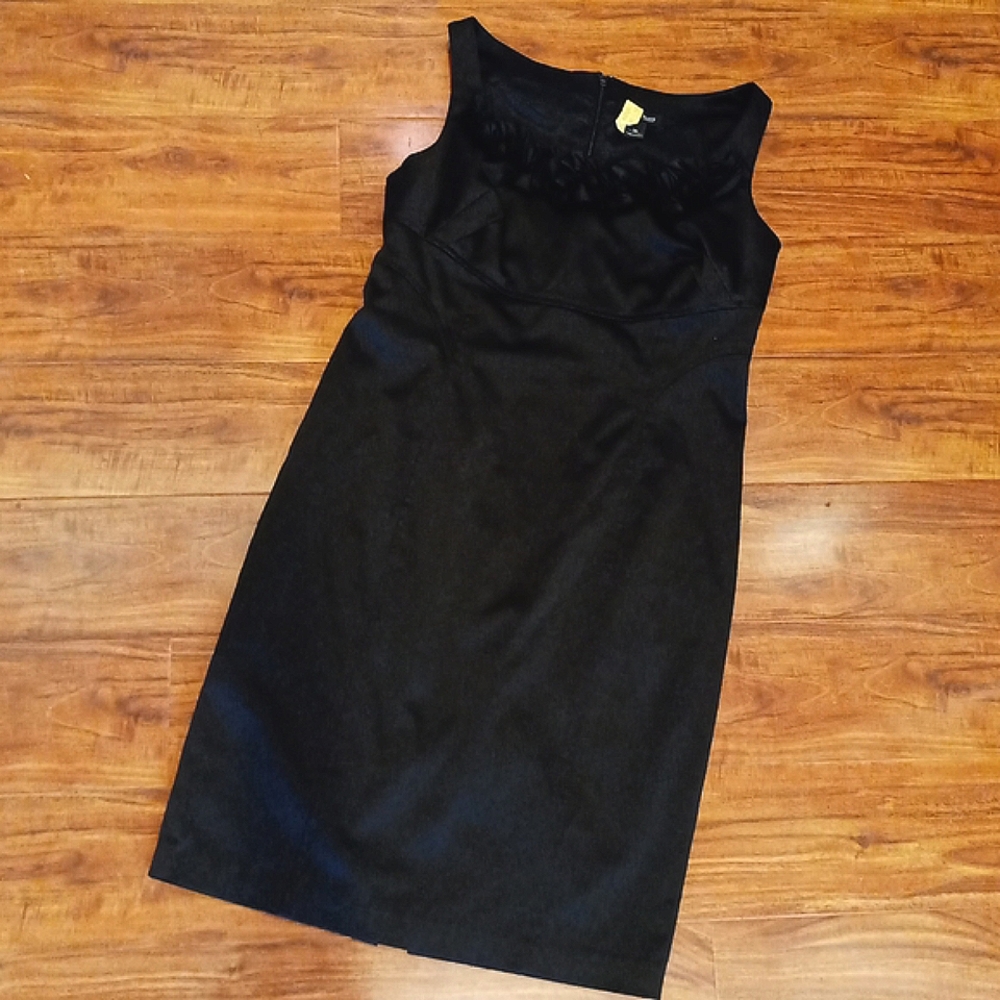 WHBM Black Satin Fully Lined Little Black Dress with Ruffle Collar Detail, 8/10